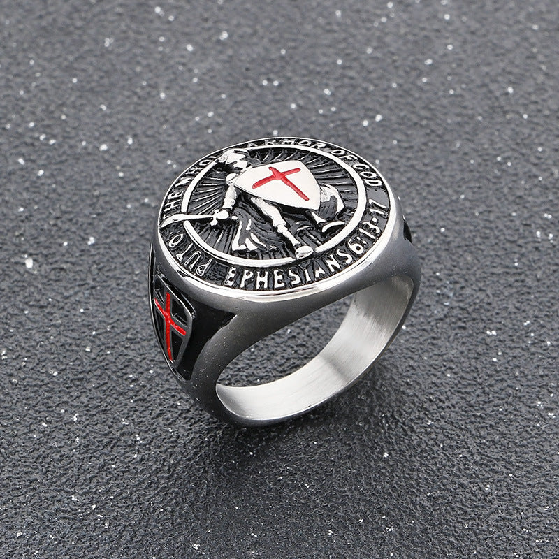 Planderful Men Epoxy Red Cross Shield Ring Hip Hop Style