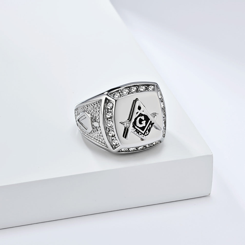 Europe And The United States Cross-Border Retro Hip-Hop Freemasonry Titanium Steel Ring For Men