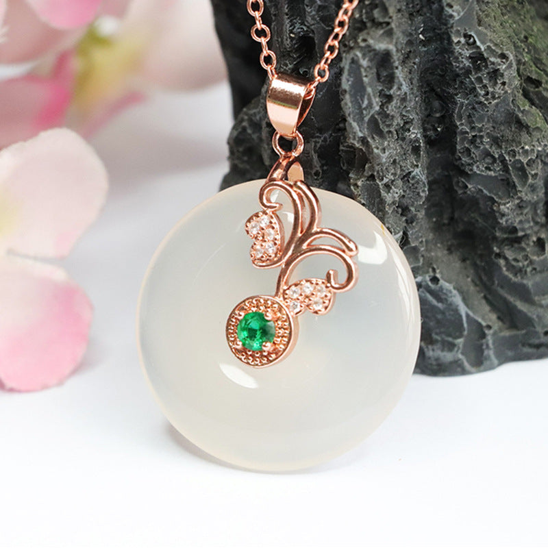 Butterfly Pendant Necklace with Natural White Chalcedony in Rose Gold