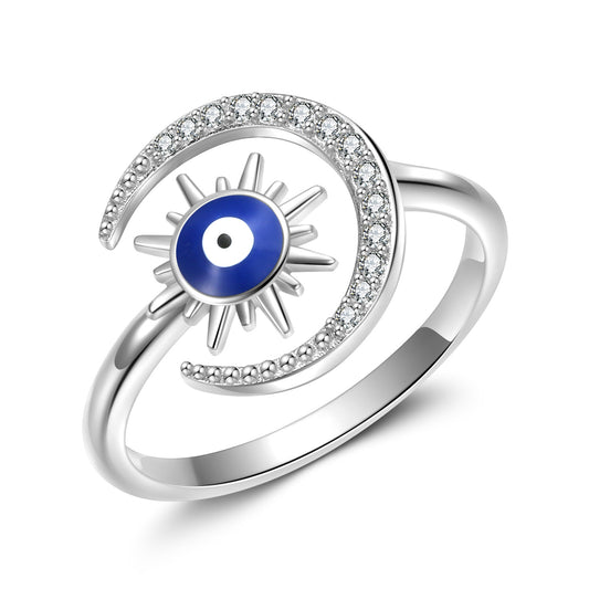 Round Blue Devil's Eye Star Moon Zircon Opening Sterling Silver Ring