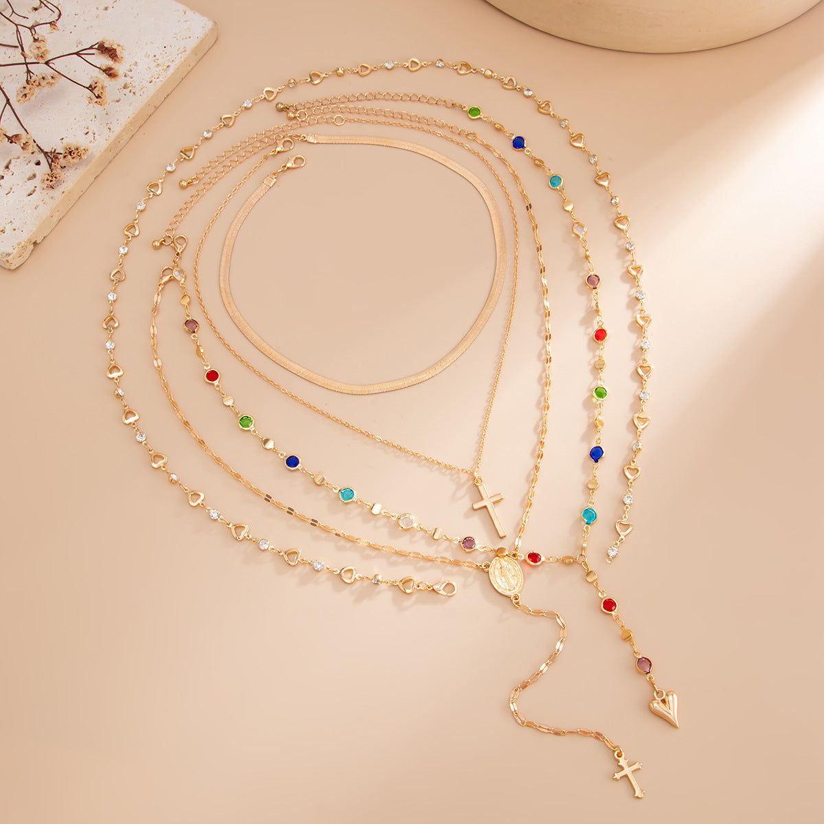Sun Gem Pendant Stacked Necklace Color Crystal Y-Shaped Long Fringed Necklace