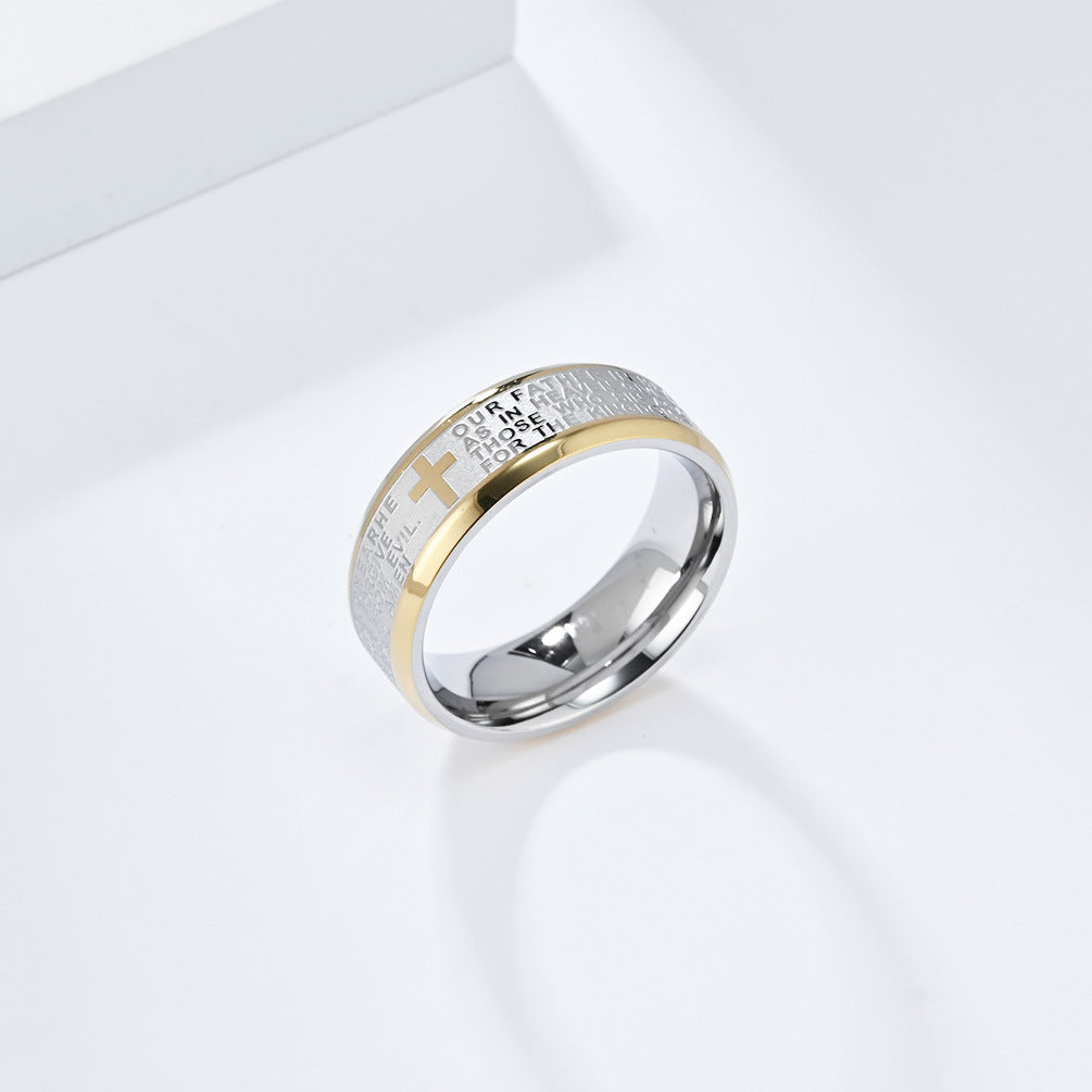 Cross-Border Stainless Steel Cross Scripture Ring for Men