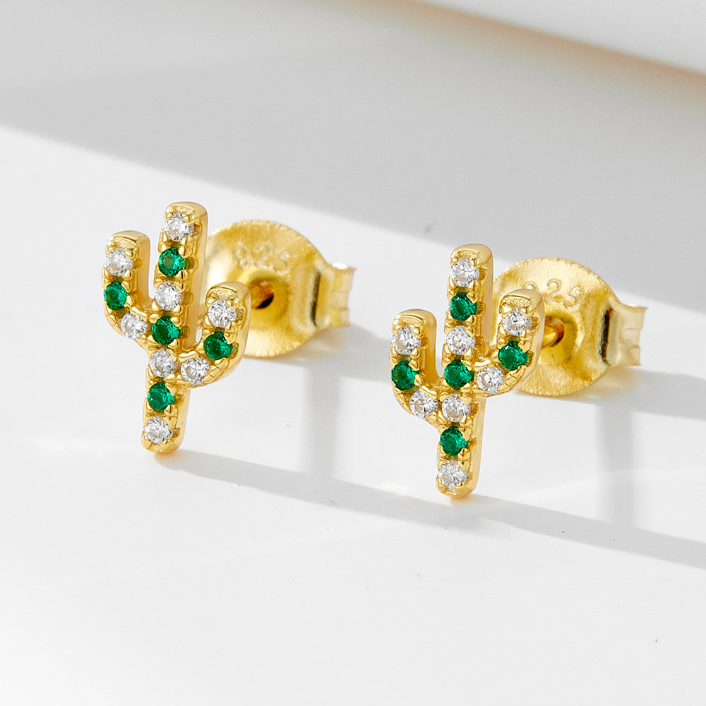 S925 Sterling Silver Cactus Micro-Inlaid Zircon Small Stud Earrings Inlaid Zircon Earrings