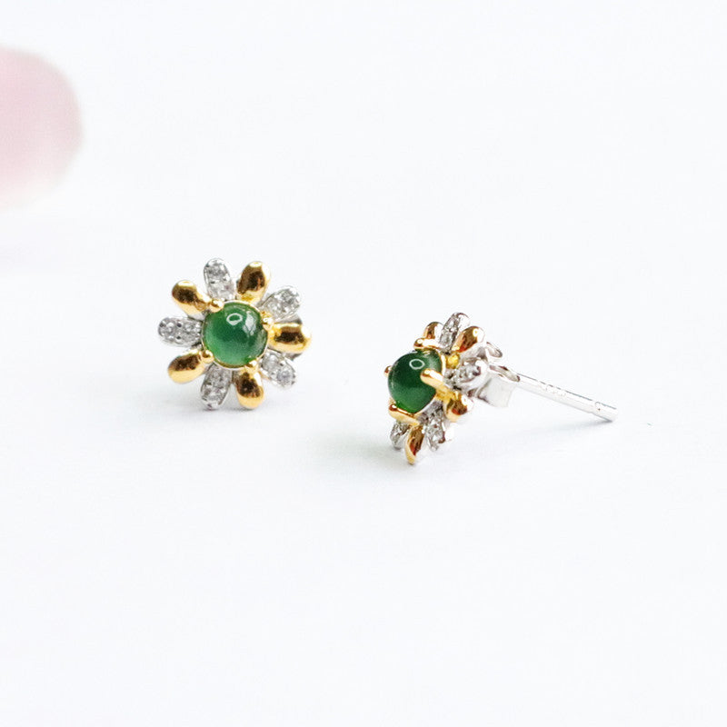 Icy Green Jadeite Floral 925 Silver Stud Earrings