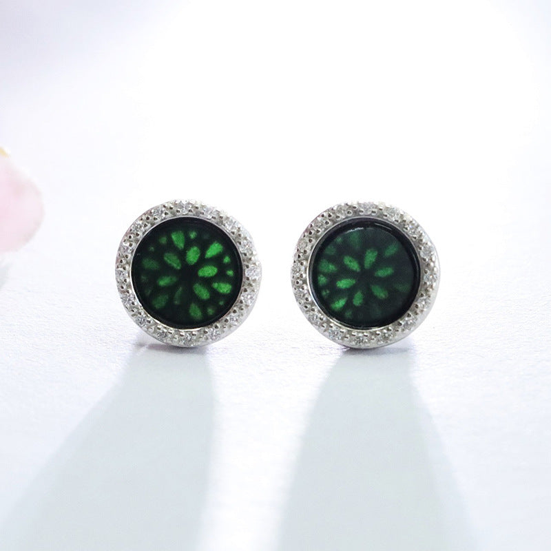 Dark Jadeite Peace Plaque 925 Silver Stud Earrings