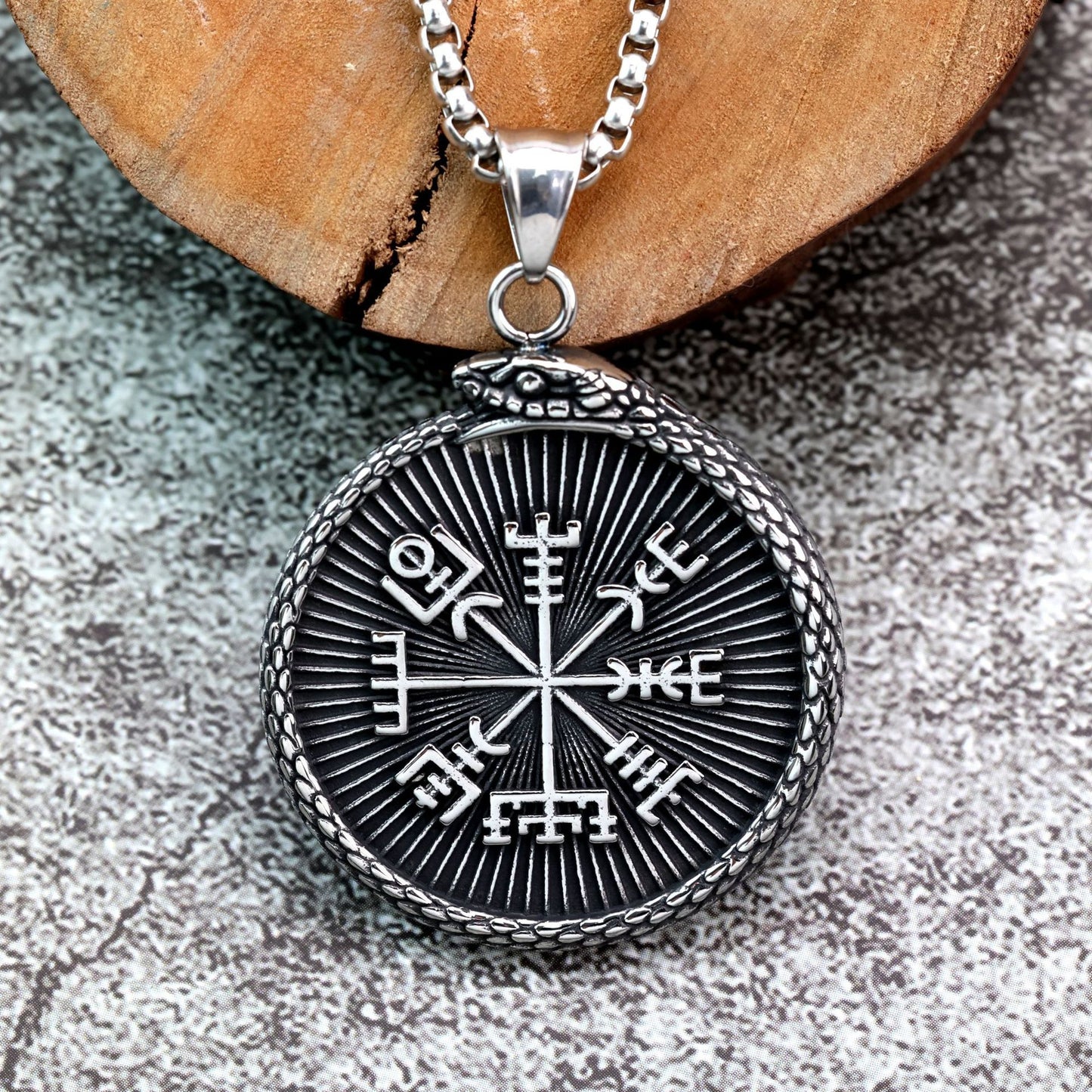 Planderful Bold Double Sided Nordic Viking Ouroboros Compass Pendant For Men Titanium Steel Retro Jewelry