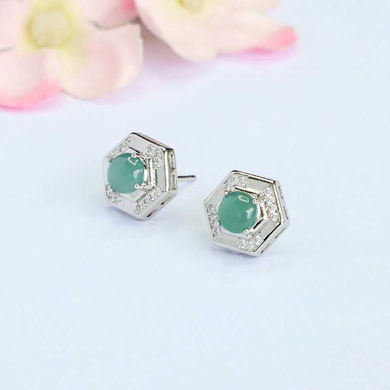 Blue-Water Jadeite Square Halo Stud Earrings
