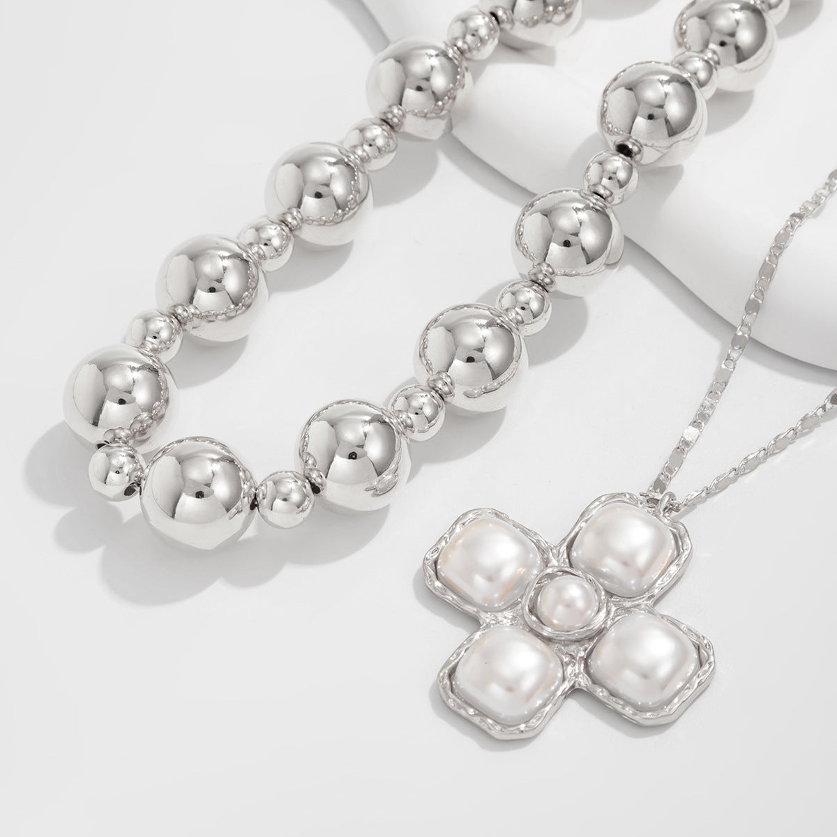 Bold Bead & Cross Double-Layer Necklace