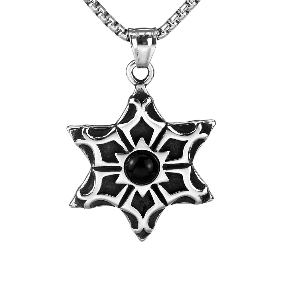 European And American Retro Men's Pendant Necklace With Black Gemstone Hexagram