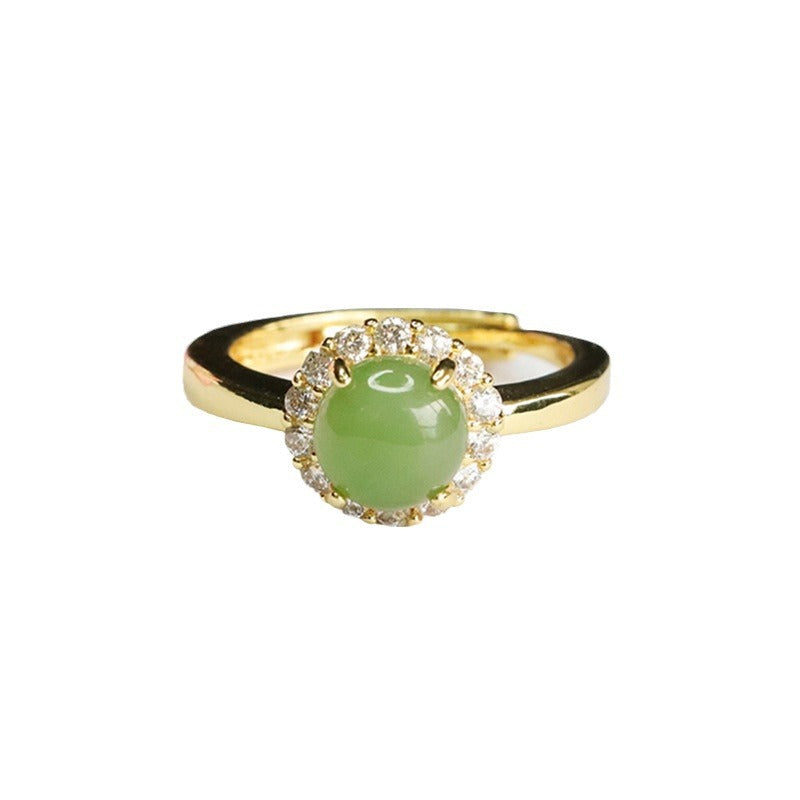 Elegant Hotan Jade and Zircon Halo Sterling Silver Ring