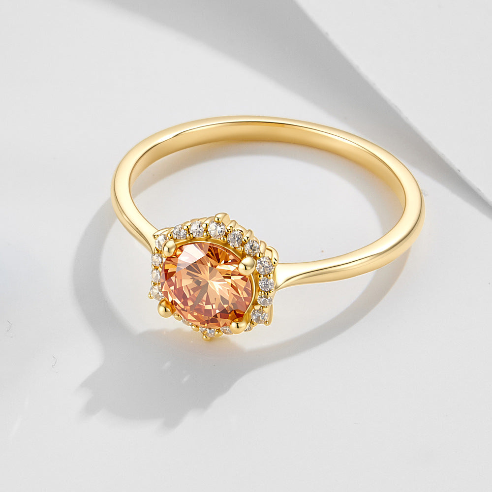S925 Sterling Silver Champagne Zircon Ring Engagement Wedding Ring