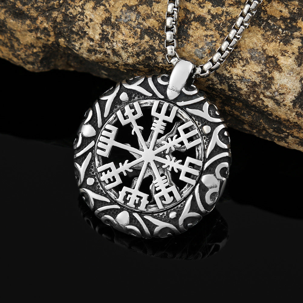 Stainless Steel Hollow Sun Pendant Compass Necklace for Men
