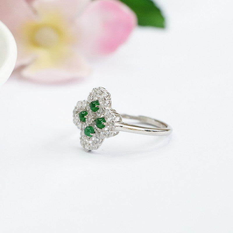 Sterling Silver Adjustable Jade Clover Ring