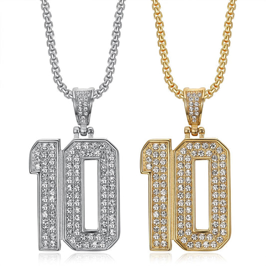 Planderful Hip Hop Jewelry Unisex Necklace Stainless Steel Gold Plated Zircon 10 Pendant Statement