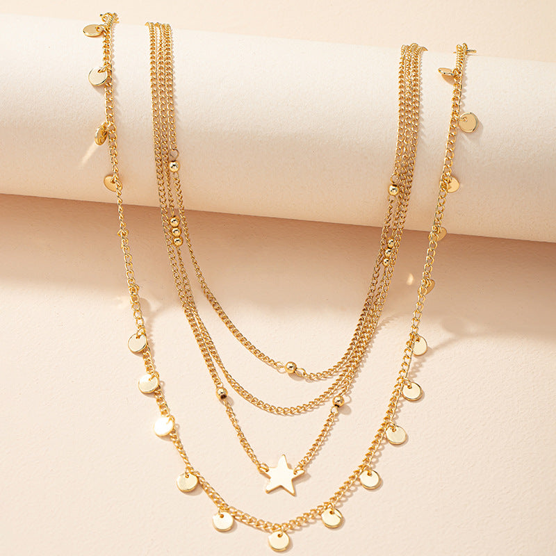 Five-Pointed Star Metal Disc Necklace with European and American Style Clavicle Chain