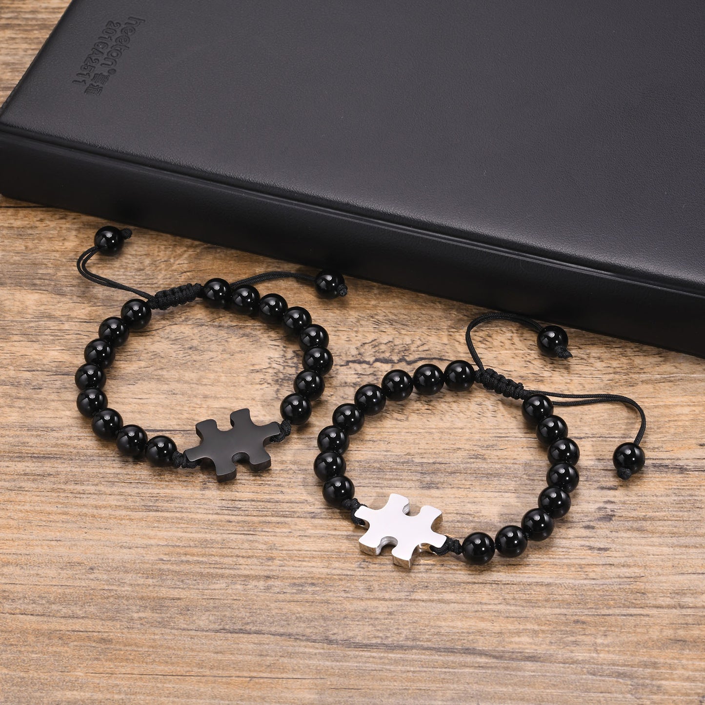 Adjustable Stainless Steel Puzzle Glossy Agate Beaded Bracelet Men's Black for Men