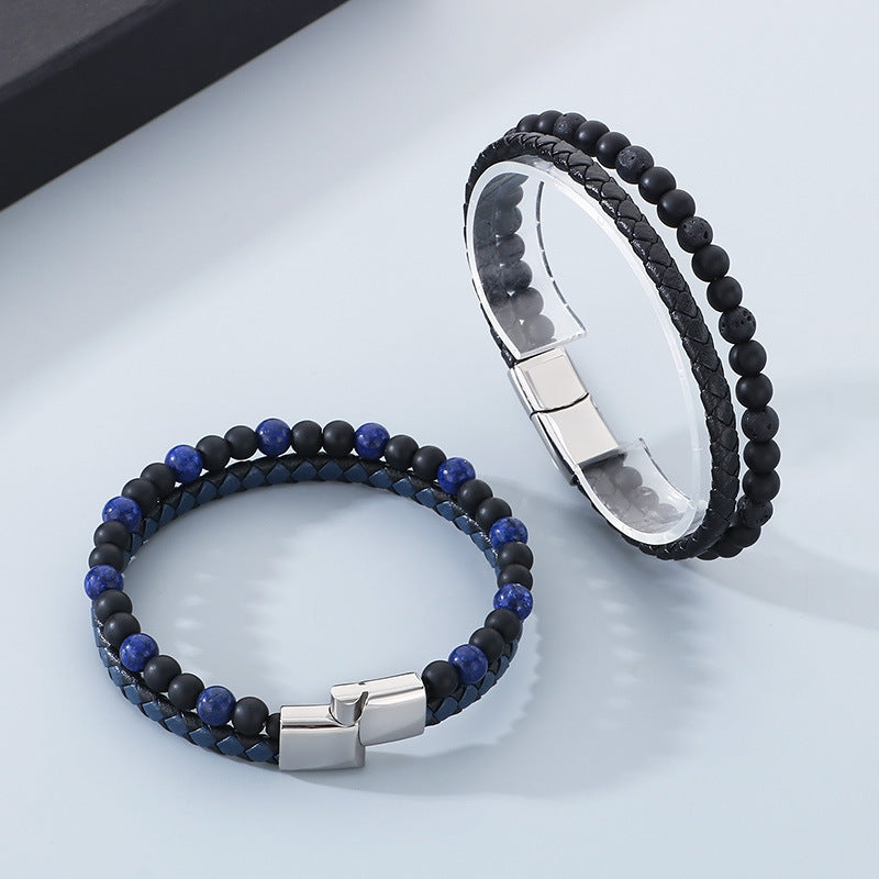 Planderful Men's Leather Bracelet Handwoven Tiger's Eye