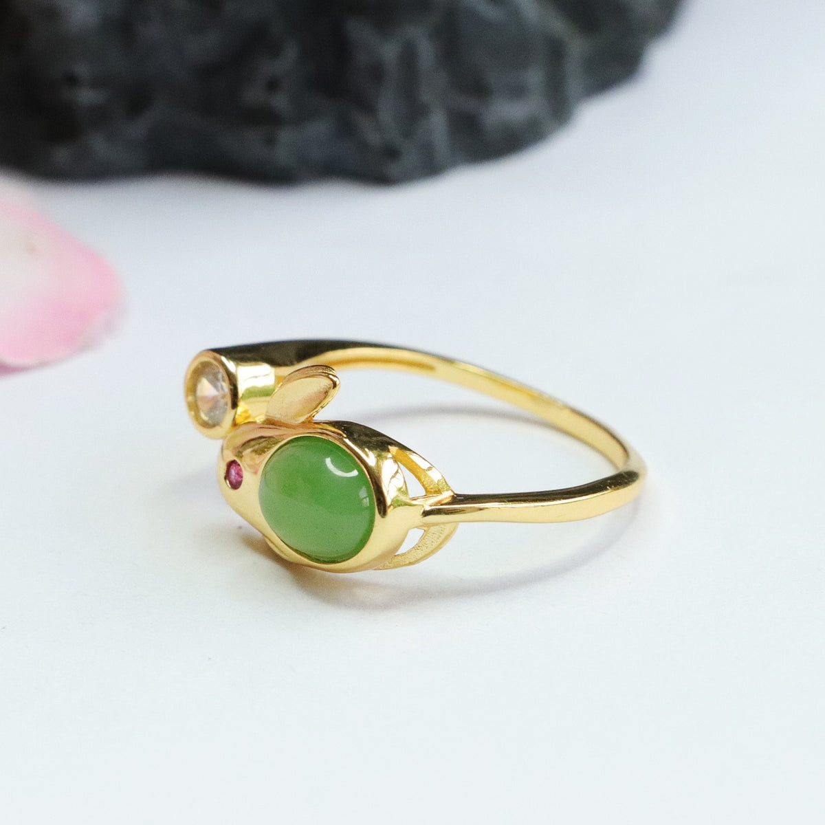 925 Sterling Silver Hetian Jasper Rabbit Ring