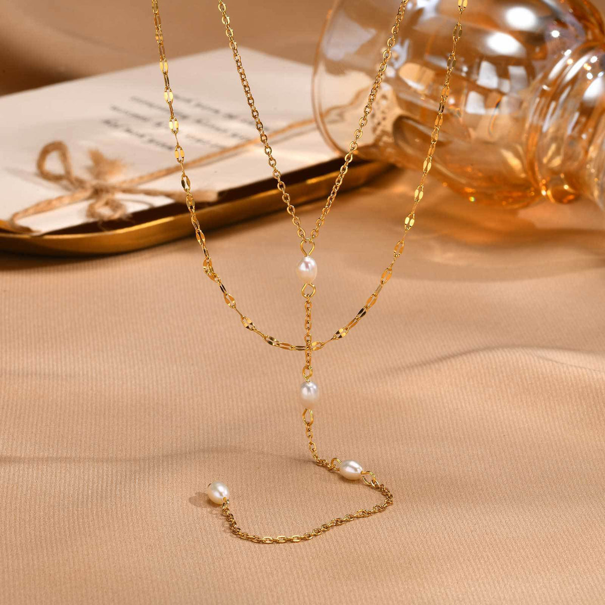Stainless Steel Double Layer Imitation Pearl Y-Shaped Tassel Gold Necklace