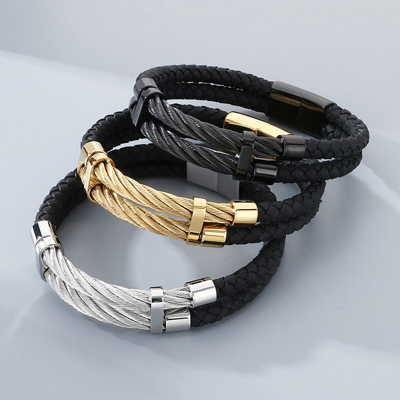 Business Style Black Double Leather Rope Leather Bracelet Layered Stainless Steel