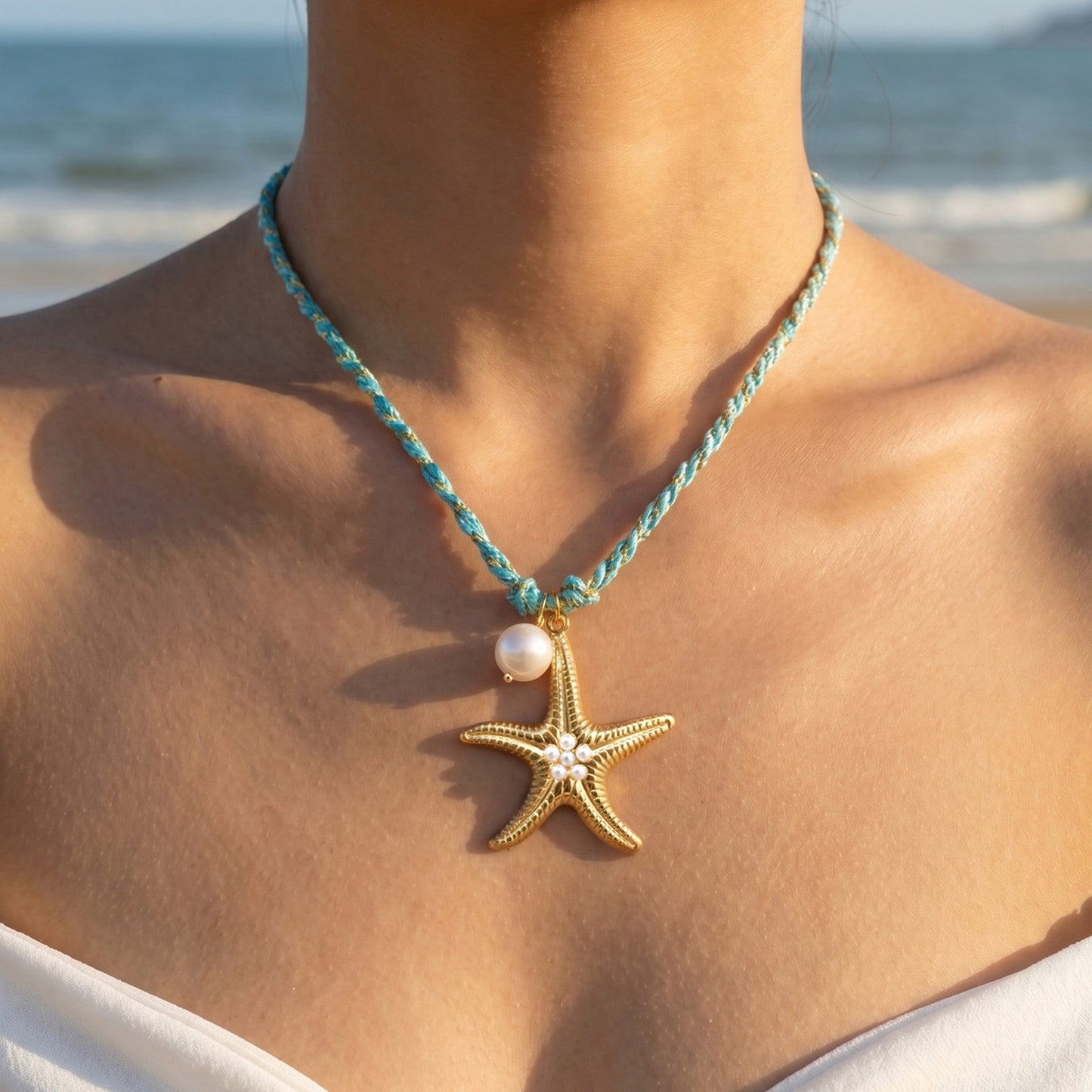 Hot-Selling Temu Ocean Wind Stainless Steel Sea Star Imitation Pearl Blue Braided Rope Necklace