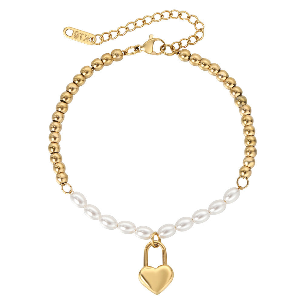 Planderful Beaded Pearl Bracelet Minimalist Peach Heart Durable Titanium Steel For Women And Men Fashionable Statement