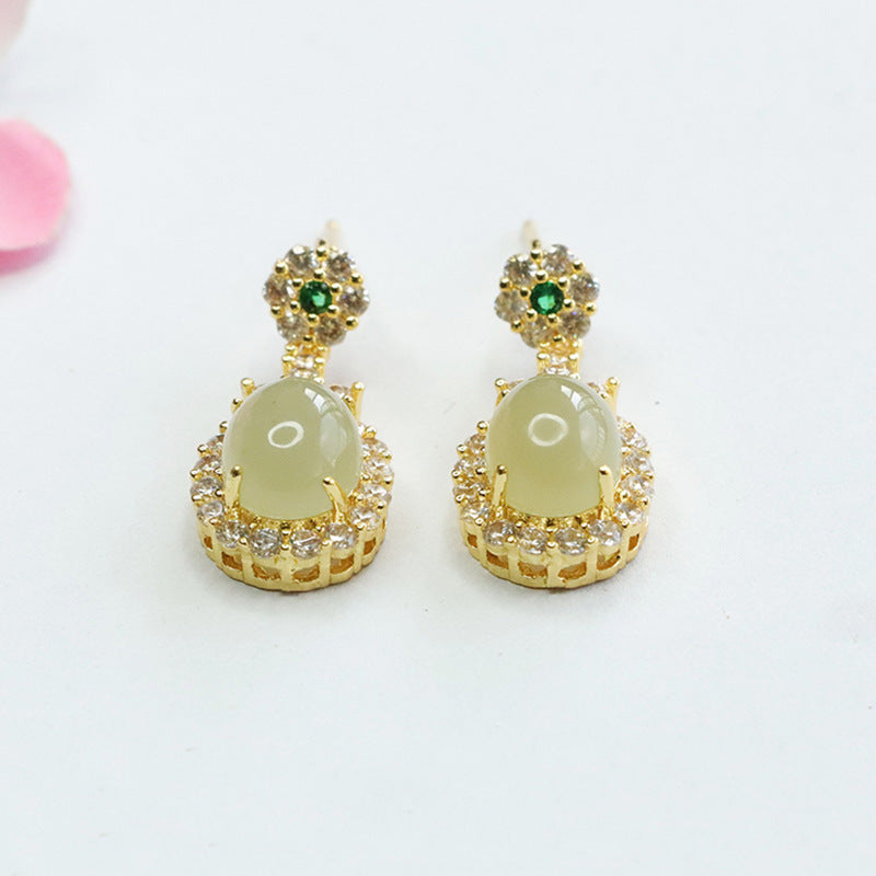 Natural Hotan Jade Earrings Oval Jade Zircon Earrings Jewelry