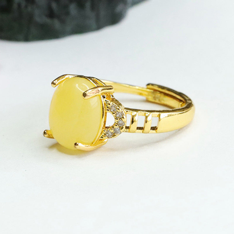 Organic Sterling Silver Beeswax Amber Ring with Zircon Accents in Ethnic Style