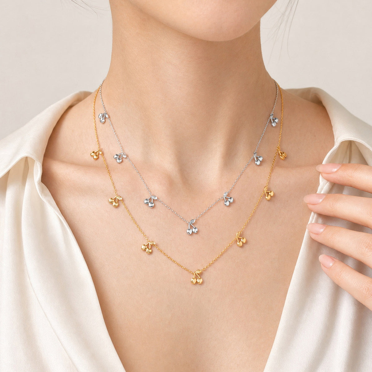 Girls Sweet & Delicate Clavicle Chain Stainless Steel Flat Cross Chain 3 Cherry Necklace