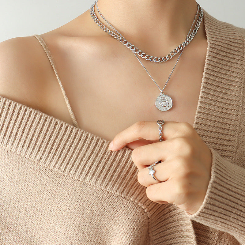 Gold-Plated Double-Layer Portrait Necklace with Trendy Design for Women