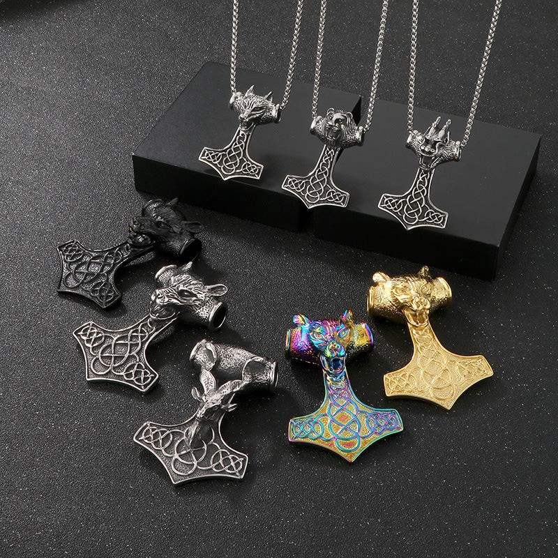 Retro Animal Pendant, Nordic Viking Wolf Head, Lion Head, Goat, Thor'S Hammer, Titanium Necklace