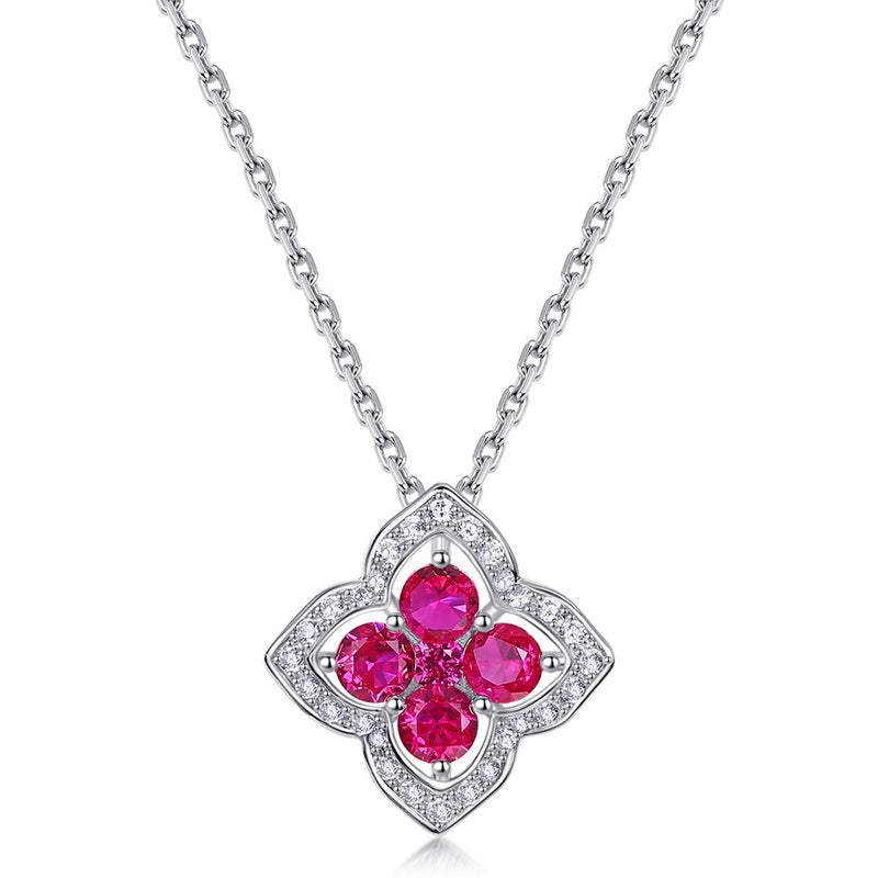 S925 Sterling Silver Lab-Grown Gemstone Four-Leaf Clover Pendant Necklace
