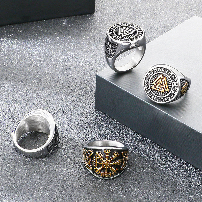Nordic Pop Celtic Knot Ring, Vintage Viking Smear Oil Compass Rune Stainless Steel