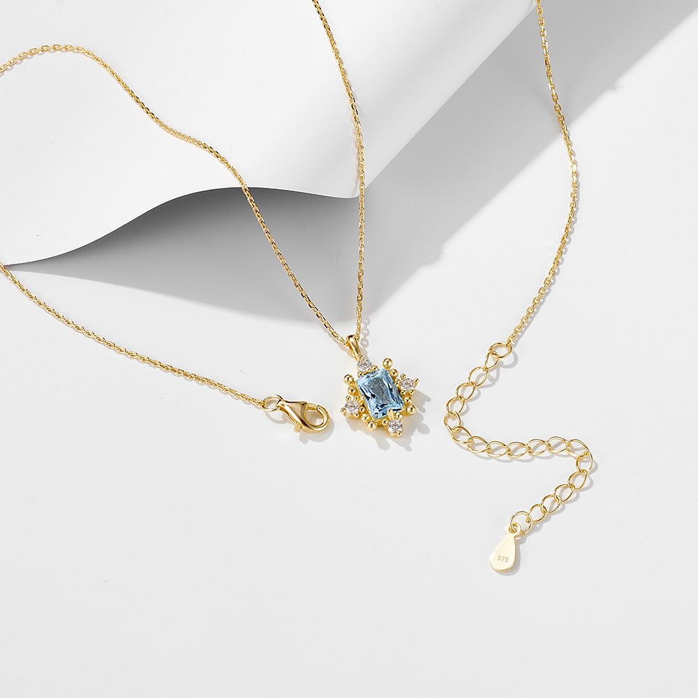 S925 Sterling Silver Retro Natural Sky Blue Topaz Necklace