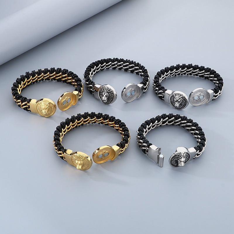Wolf Head Bracelet – Punk Animal Lion Head Magnet Buckle Titanium Steel Woven Leather