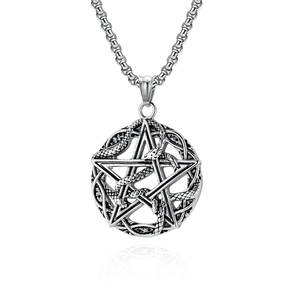 Planderful Pentagram Necklace Titanium Steel With Python Wrapped For Gothic Punk Lovers