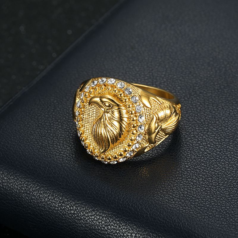 Hip Hop Ring For Men Eagle Two Tone Titanium Steel Rhinestone Gold Plated Planderful Everyday Genie