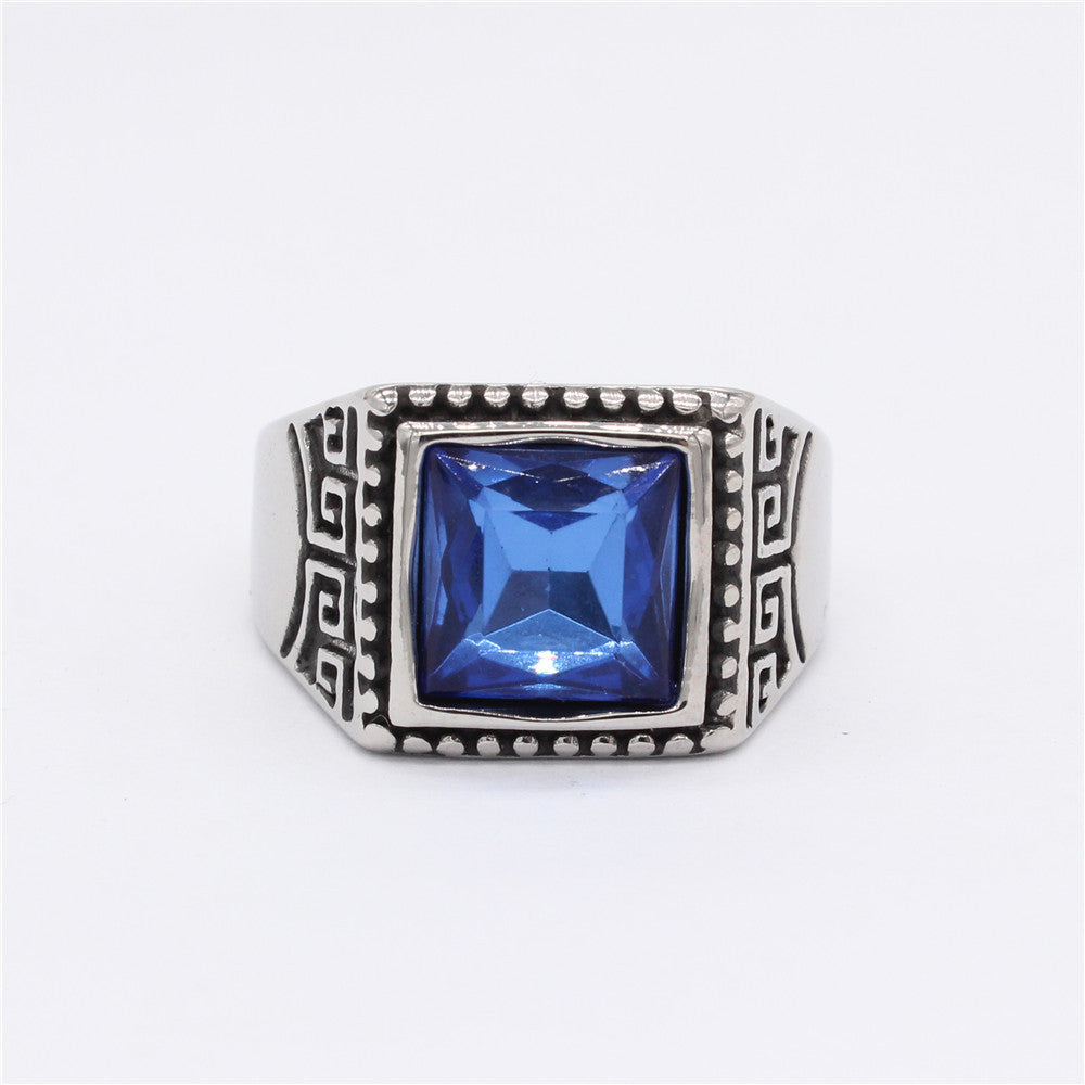 Planderful Titanium Steel Ring With Great Wall Pattern Zircon Unisex Bold Retro European American Style Gift