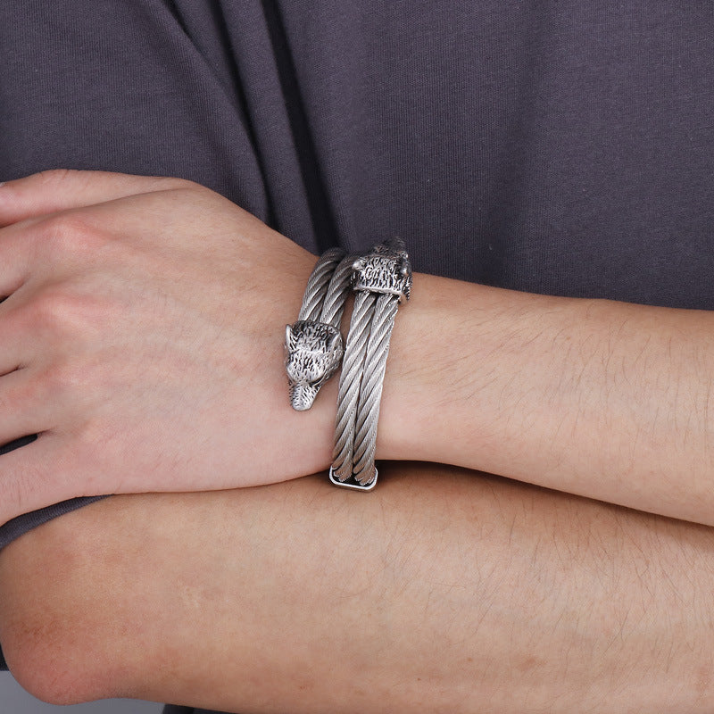 Rock Titanium Steel Braided Wire – Punk Electroplated Wolf Head Men's Open Elastic Bracelet