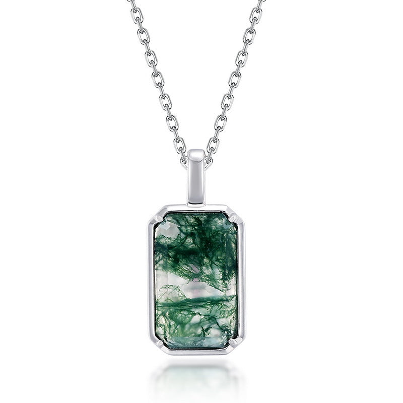 S925 Sterling Silver Moss Agate Pendant Necklace