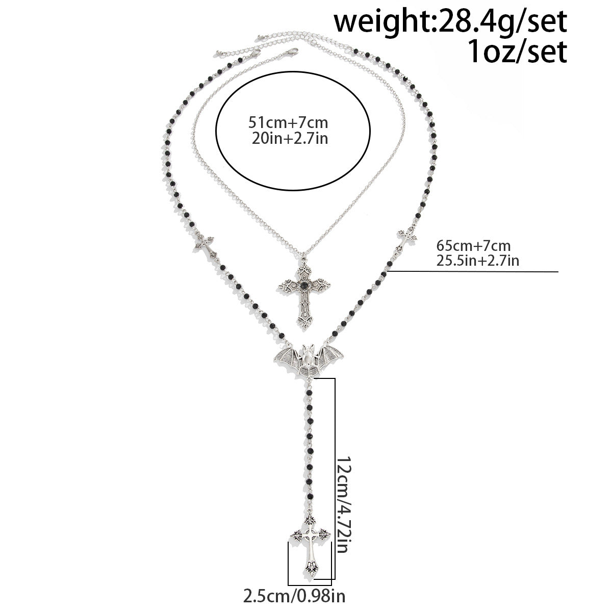 Gothic Bat Cross Crystal-Style Long Necklace