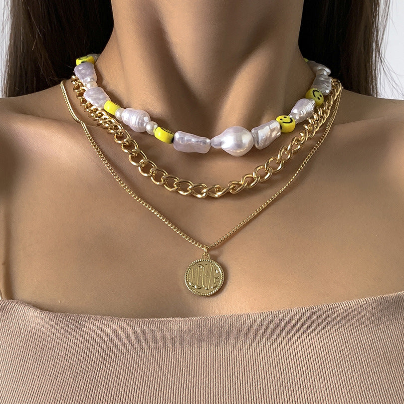 Planderful Vienna Verve Multi Layer Imitation Pearl Smile Face Statement Necklace For Women