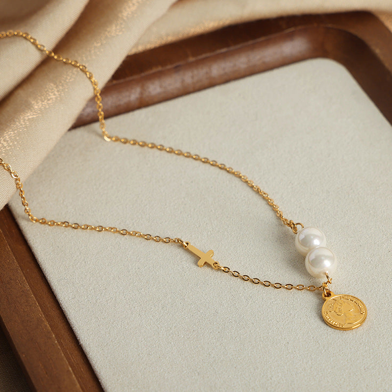 Golden Glow Pearl Necklace with Titanium Steel Pendant