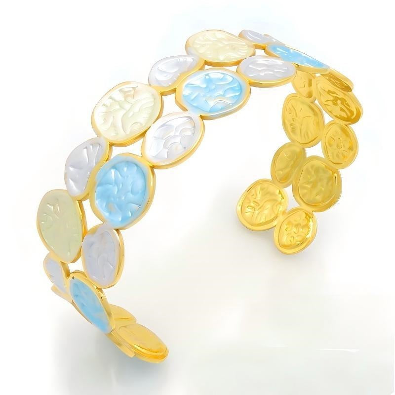 Oval Texture Pearlescent Gradual Change Opening Stainless Steel Bracelet Vacation Style