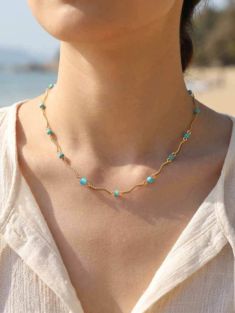 Ocean Wind Stainless Steel Turquoise Imitation Pearl Conch Starfish Shell Wave Bead Necklace