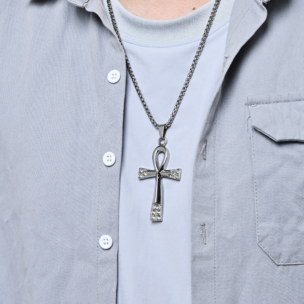 Vintage Egyptian Anka Titanium Steel Cross Necklace for Men