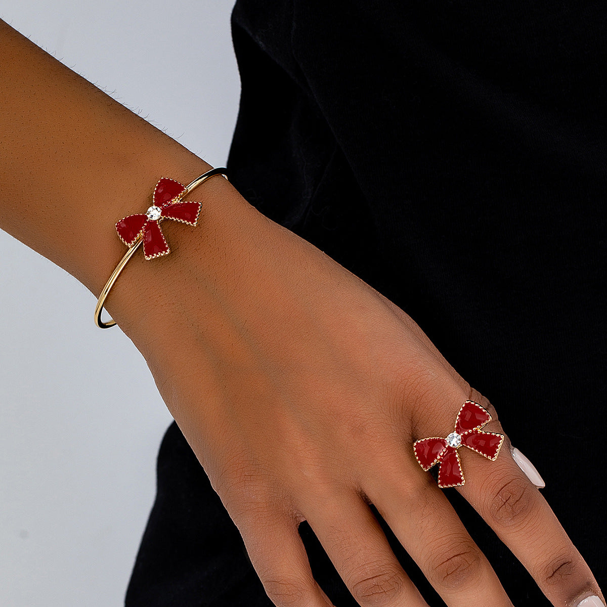 Elegant Rhinestone Red Bow Jewelry Set for Valentine's Day