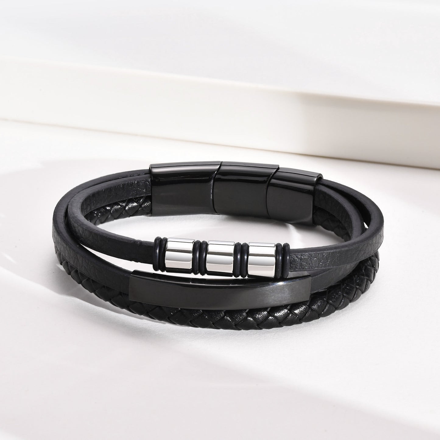 Titanium Steel Men's Leather Bracelet Three-Layer Black Model