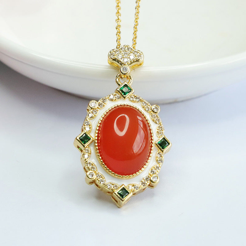 Red Agate Zircon Pendant Necklace with Sterling Silver Chain