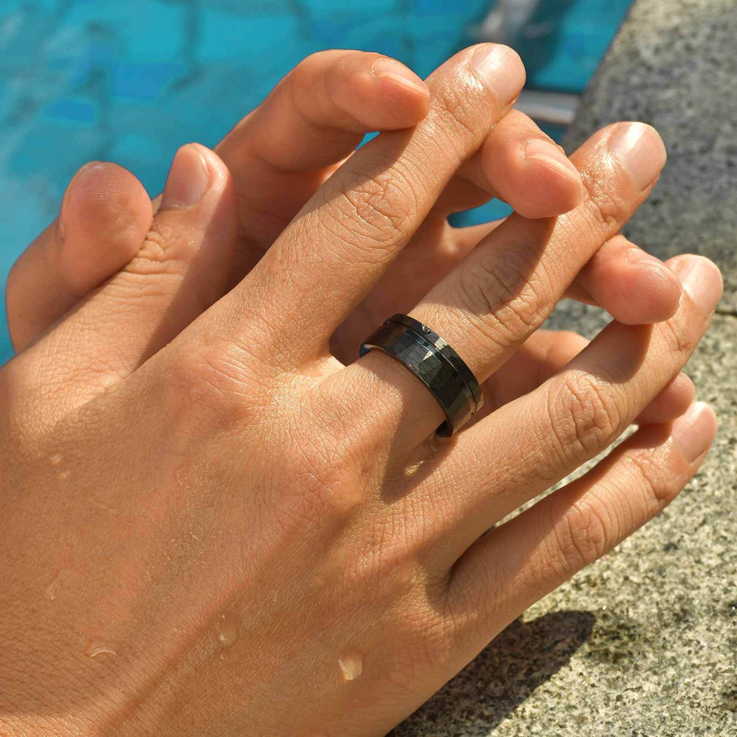 Black 8mm Tungsten Steel Ring Brushed Inner Hammer Texture